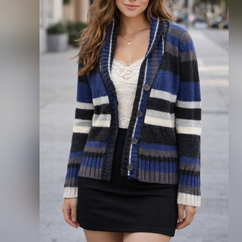 Chunky Knit Striped Cardigan Sweater Wool Blend Shawl Collar Button Front Blue G
